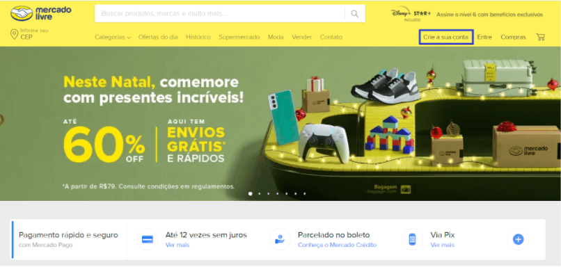 Criar conta no Mercado Livre - Passo 1