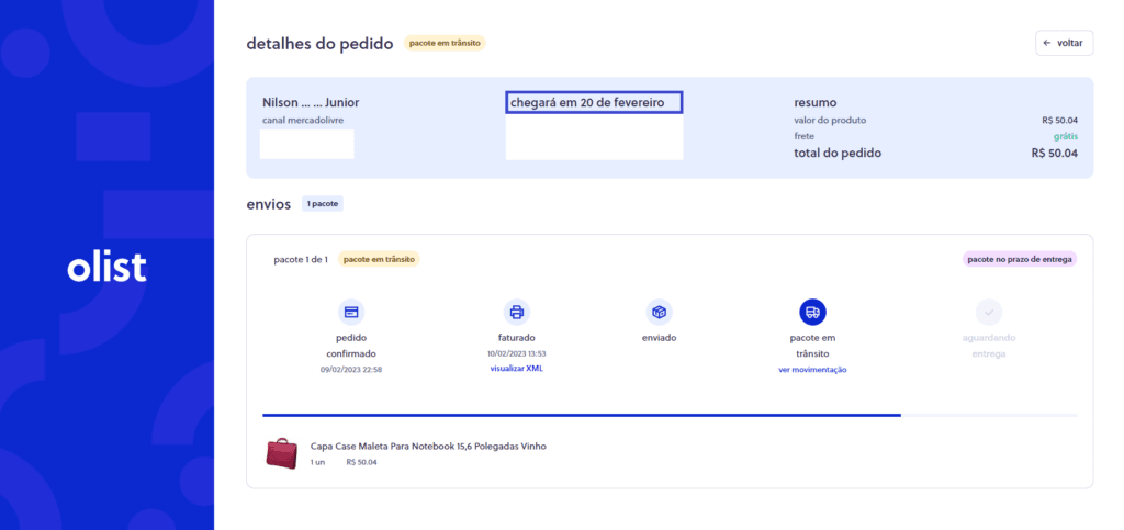 Rastreamento Olist - Pedido em trânsito