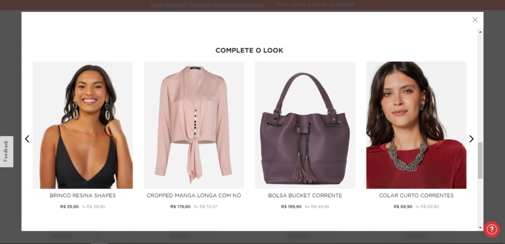 Recomendação de itens relacionados a uma calça, em um e-commerce de moda. | Reprodução: Amaro